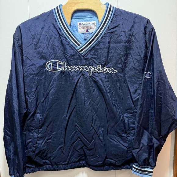 Vintage Champion Pullover V-Neck Windbreaker Adjustable Waist 90's Blue - Picture 1 of 8